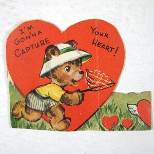 Valentines Card Day 1949 Valentine Anthropomorphic Bear Butterfly Net